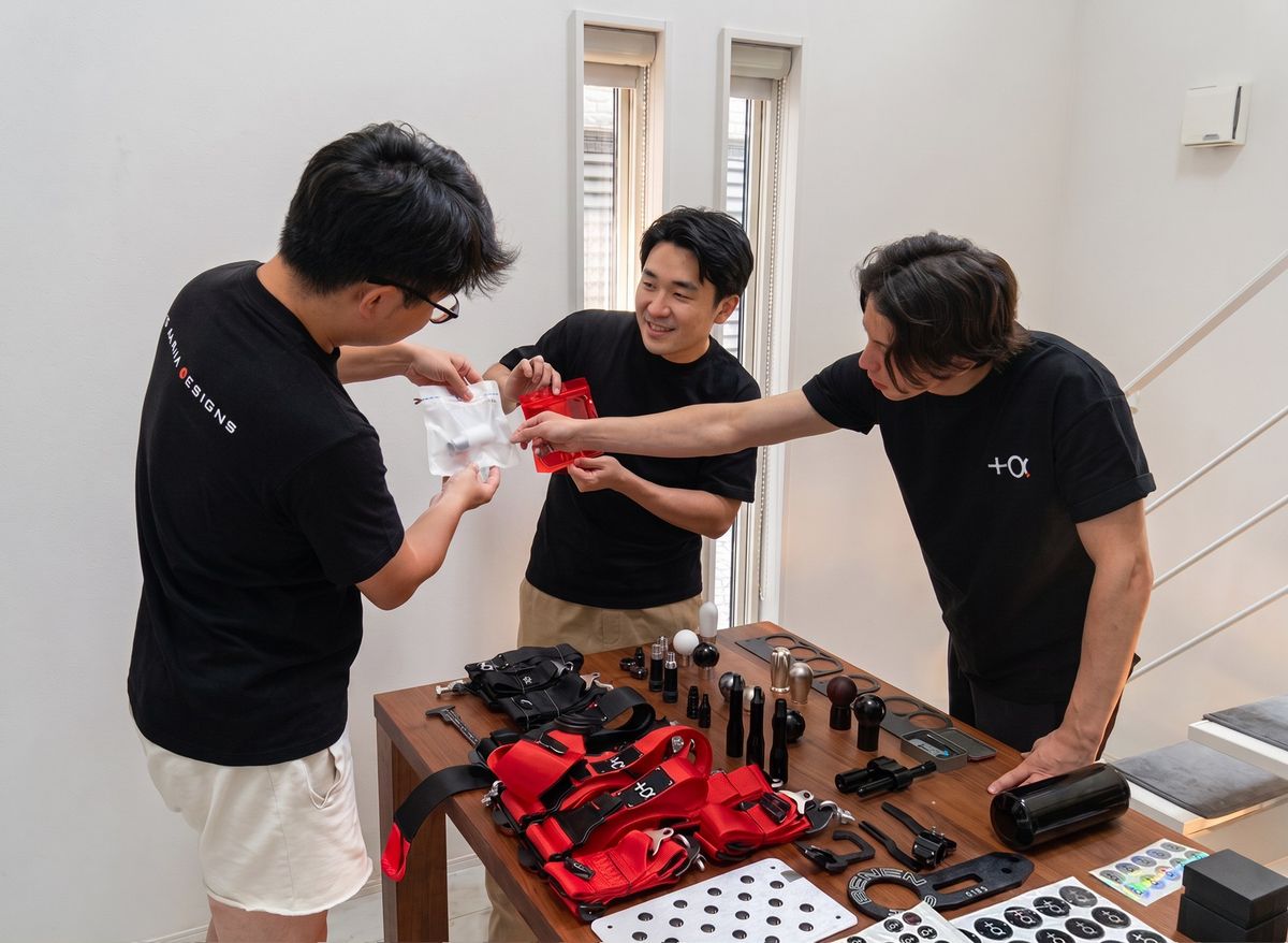 製品を机に並べて確かめている3人